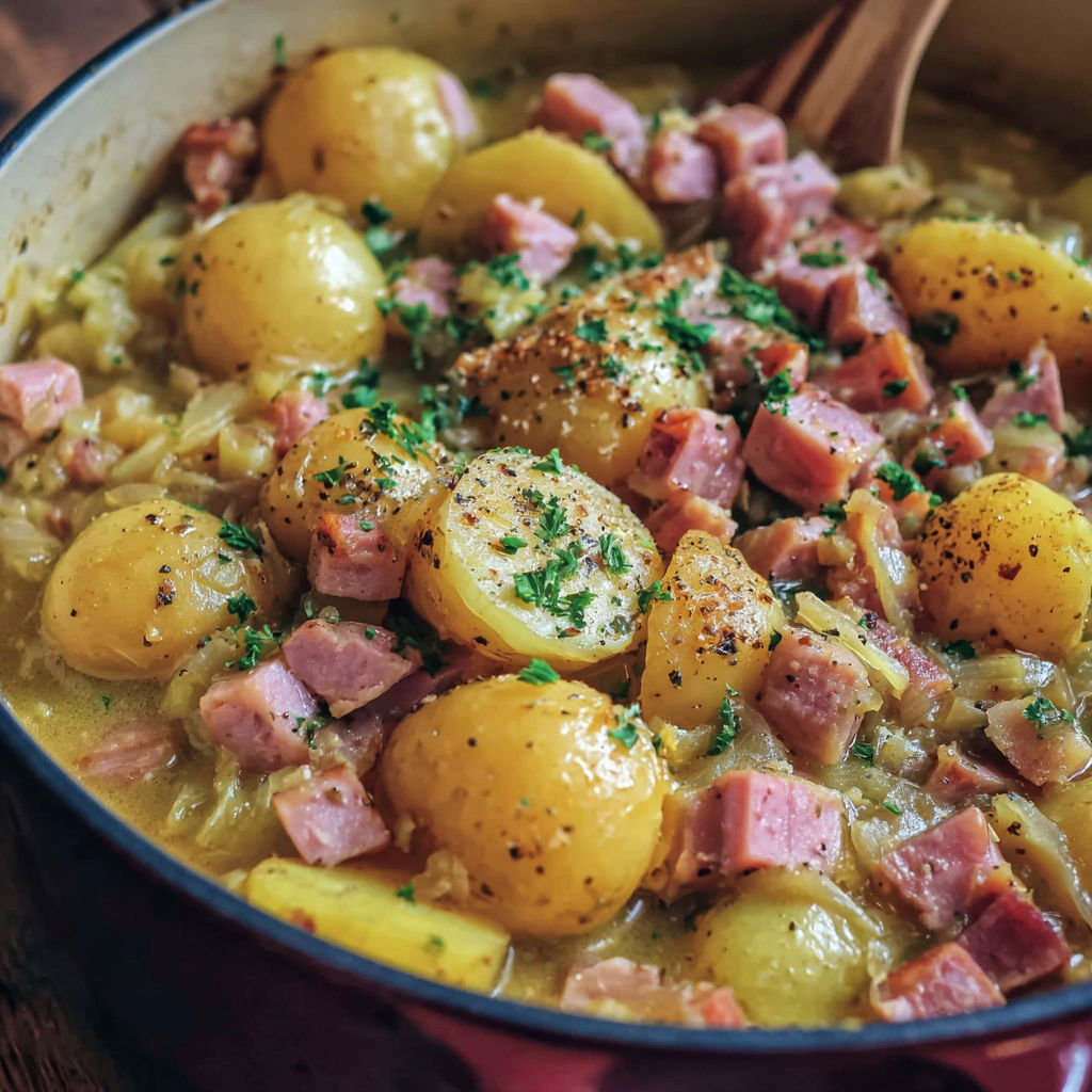 A bowl of stewed potatoes with ham.