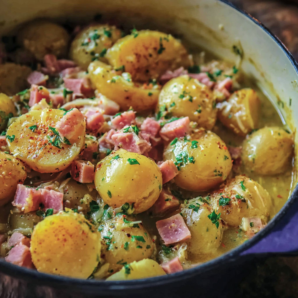 A bowl of stewed potatoes with ham.