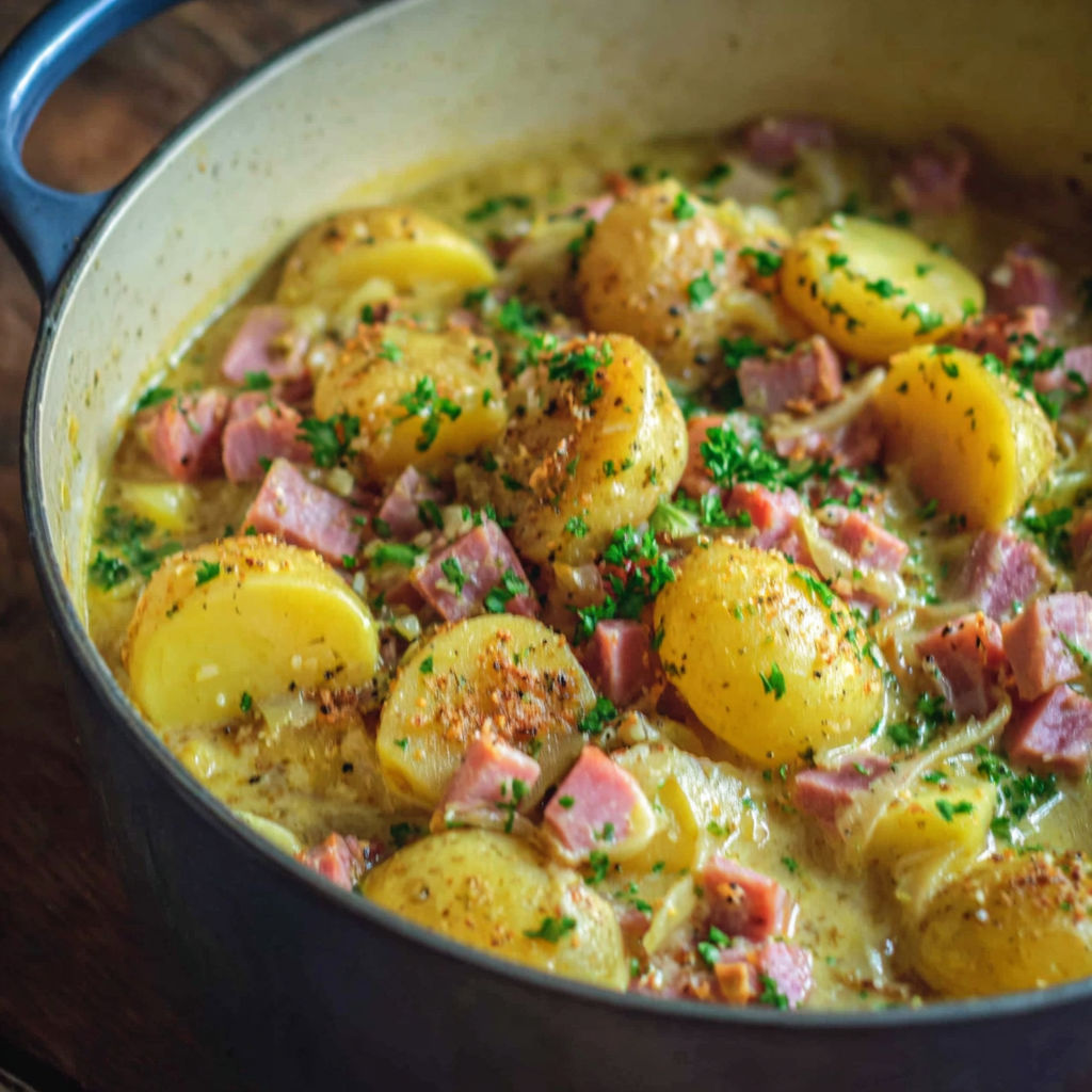 A pot of stewed potatoes with ham.