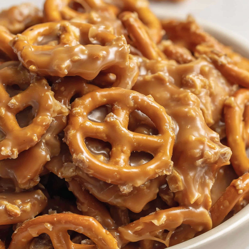 A bowl of butter toffee pretzels.