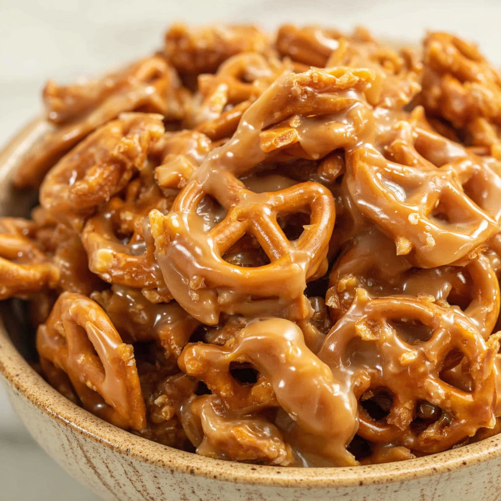 A bowl of butter toffee pretzels.