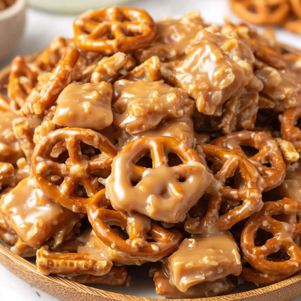 A plate of butter toffee pretzels.
