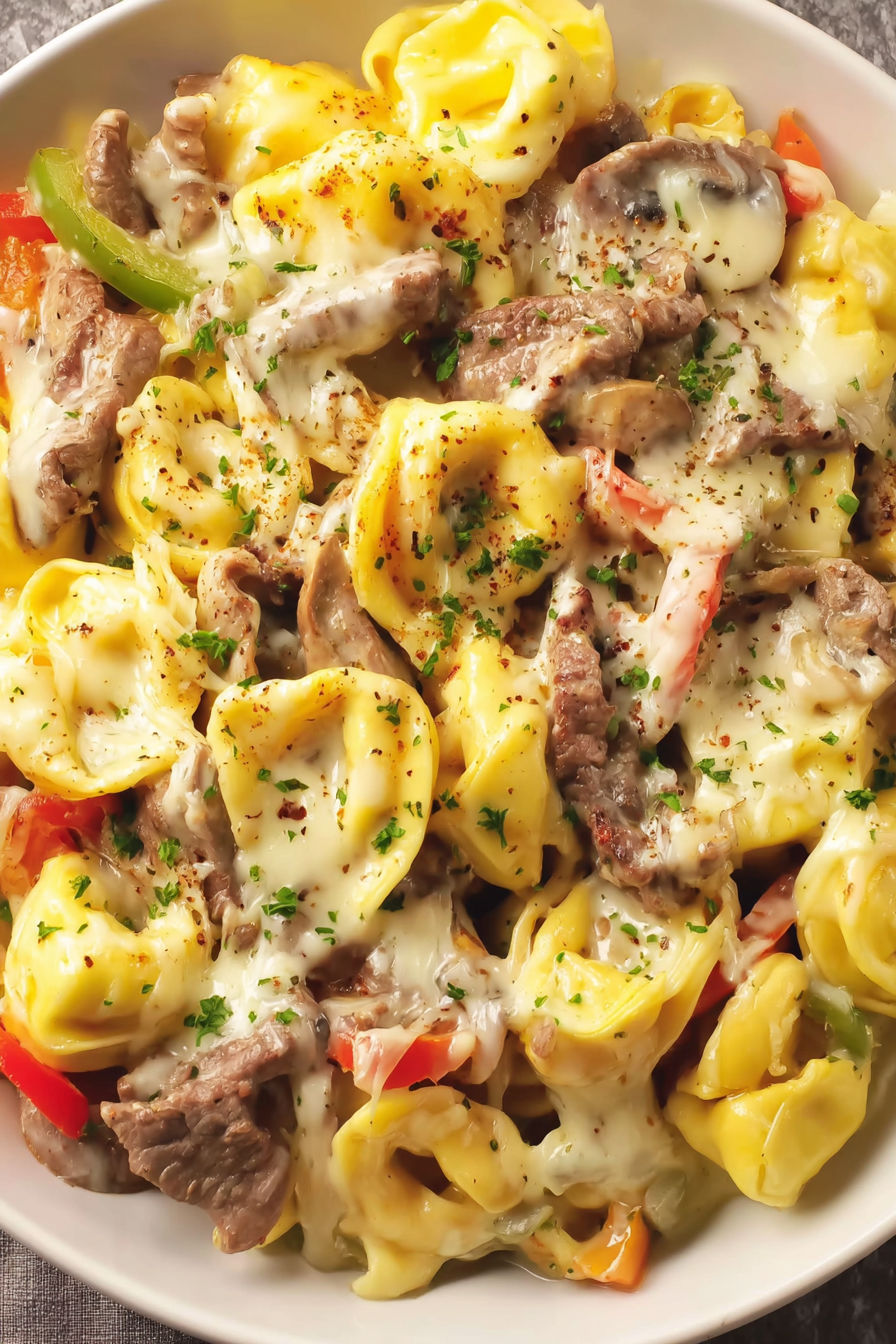 A delicious crock pot cheesesteak tortellini recipe.