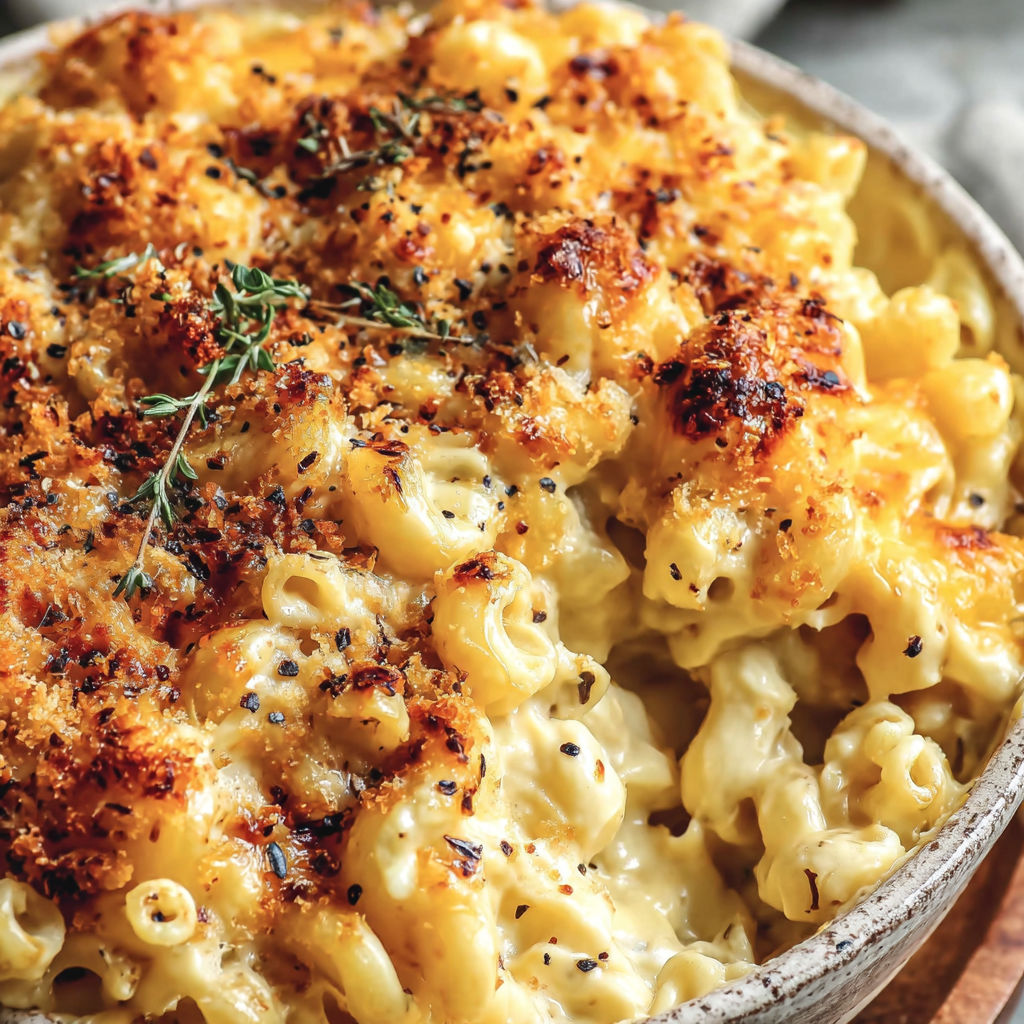 A bowl of baked mac and cheese with a sprig of parsley on top.