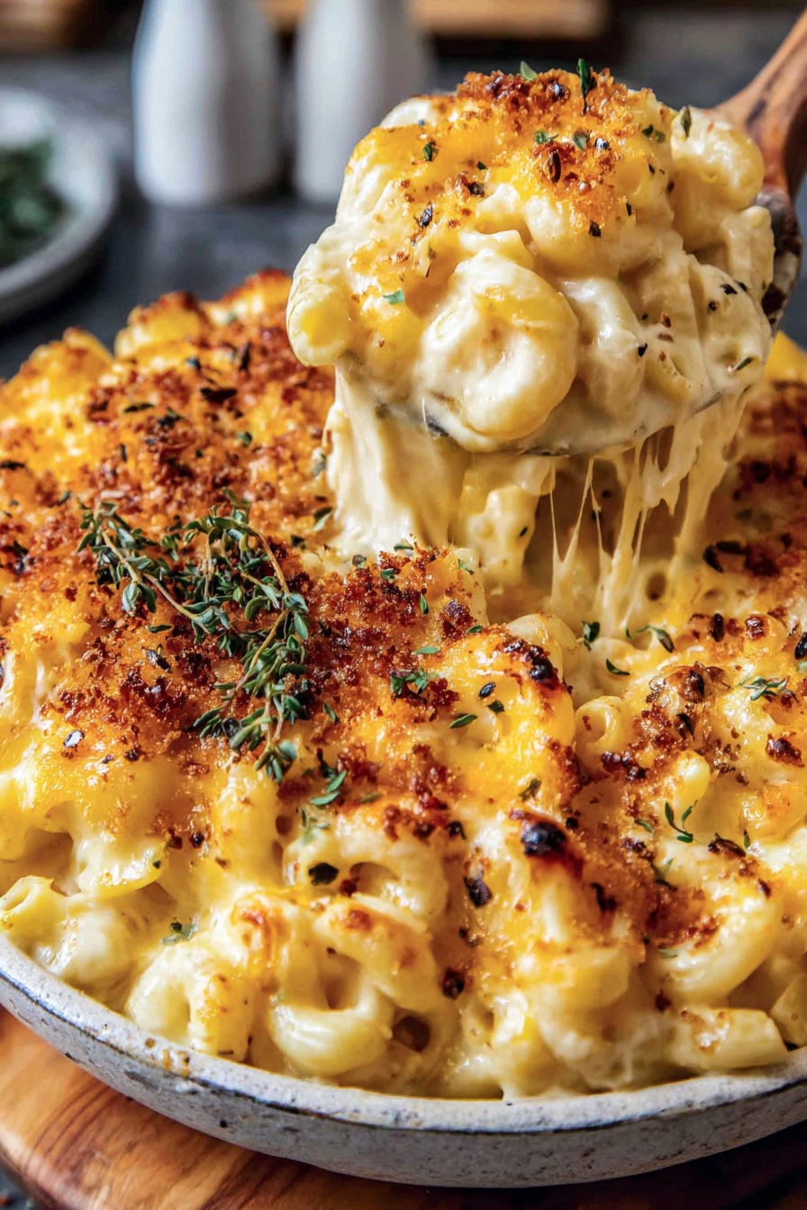 A close up of a baked mac and cheese dish.