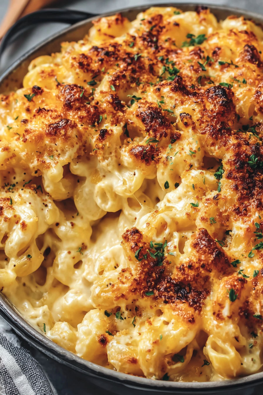 A close up of a baked mac and cheese dish.