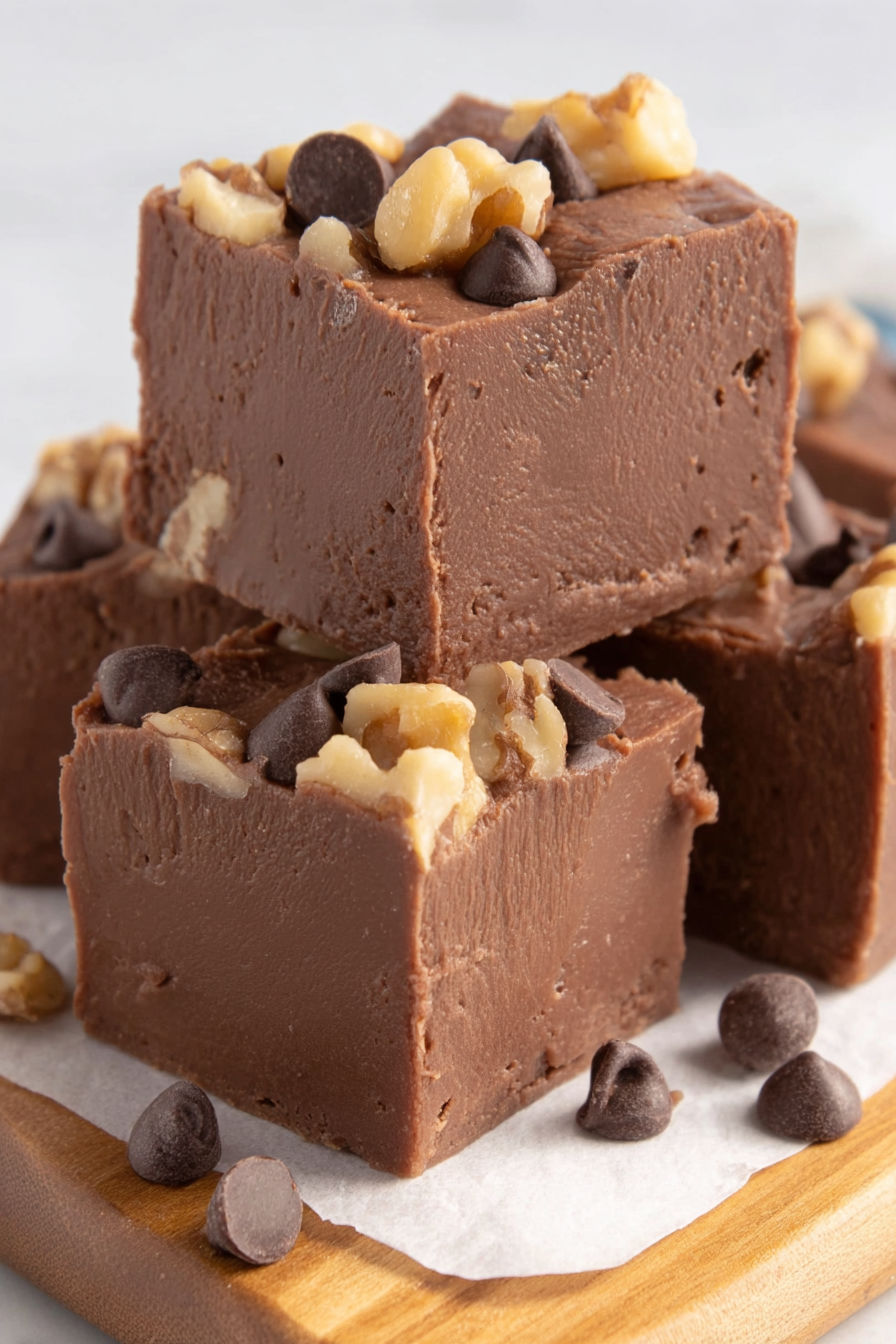 A close up of a piece of chocolate cake with nuts on top.
