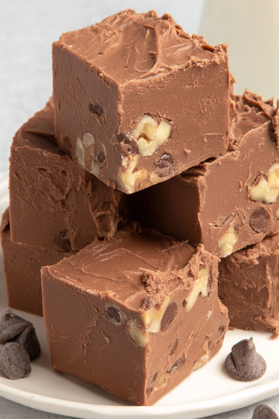 A stack of chocolate fudge with nuts.