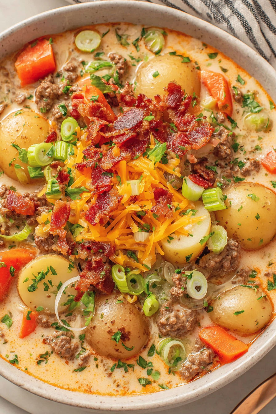 A bowl of soup with bacon, potatoes, and cheese.