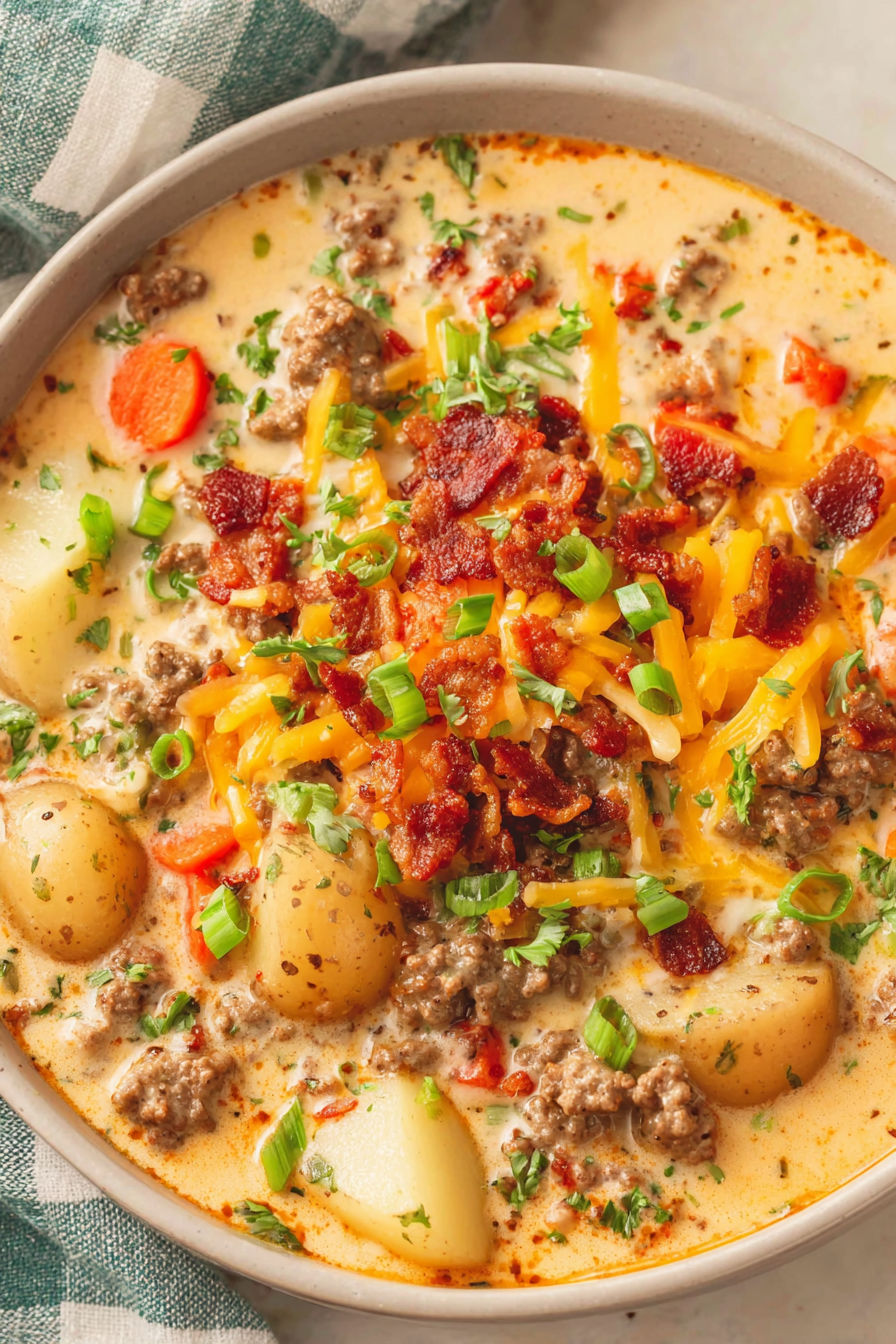 A close up of a homemade cheeseburger soup with potatoes.