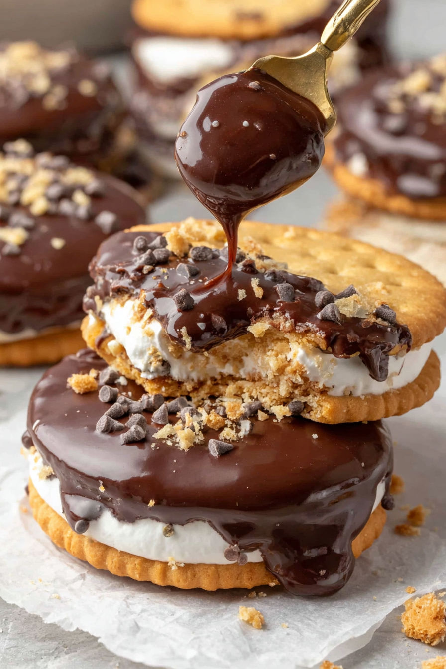 A chocolate covered cookie with chocolate drizzled on top.
