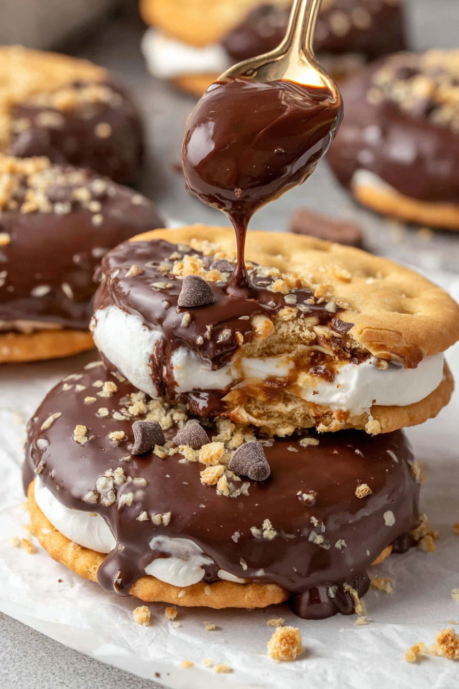 A chocolate covered doughnut with chocolate drizzled on top.