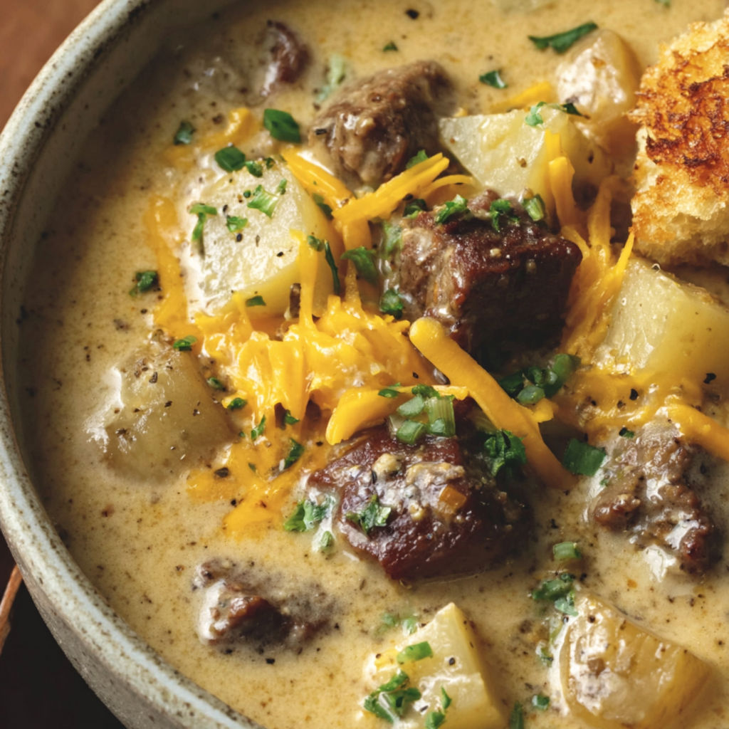 A bowl of steak and potato soup.