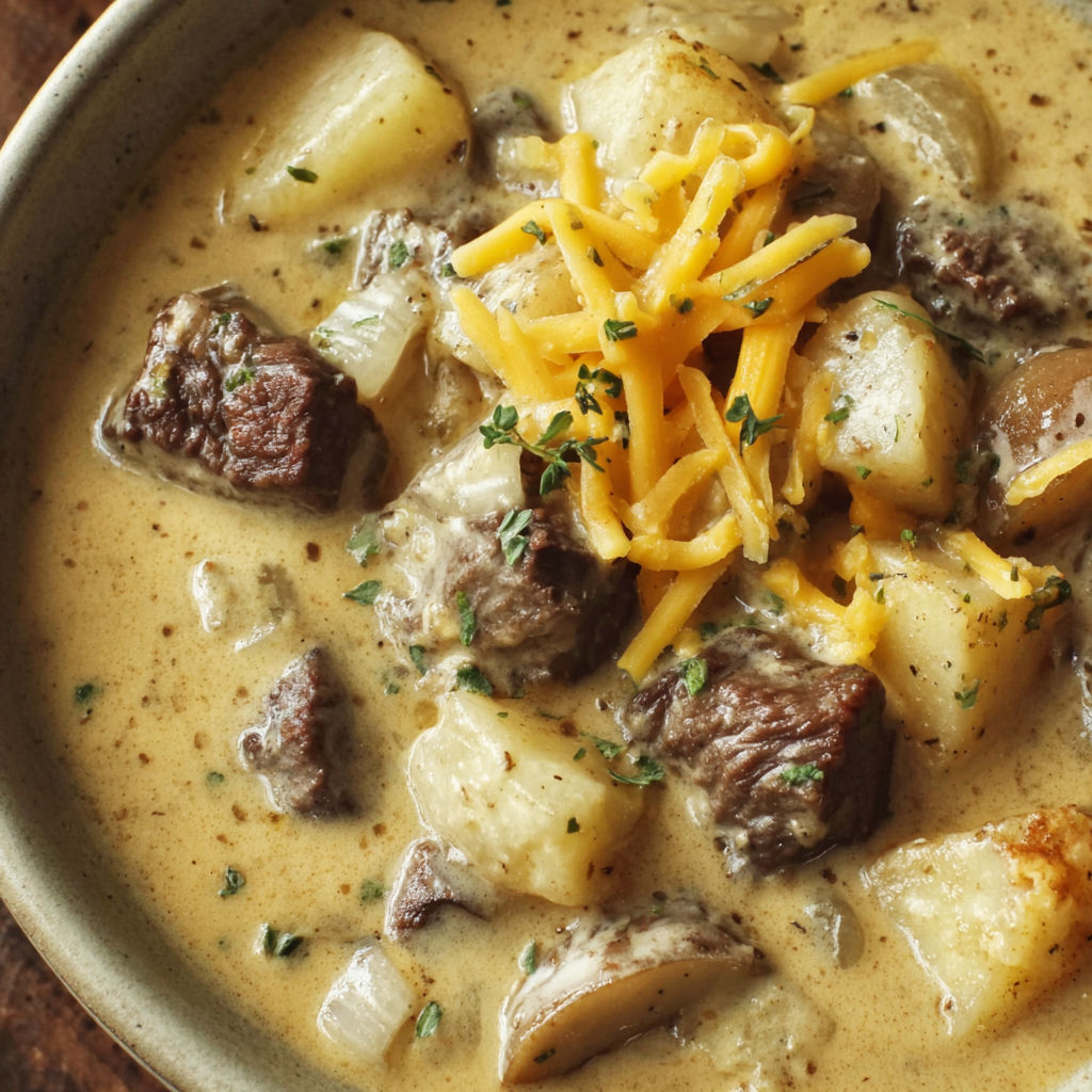 A bowl of steak and potato soup.