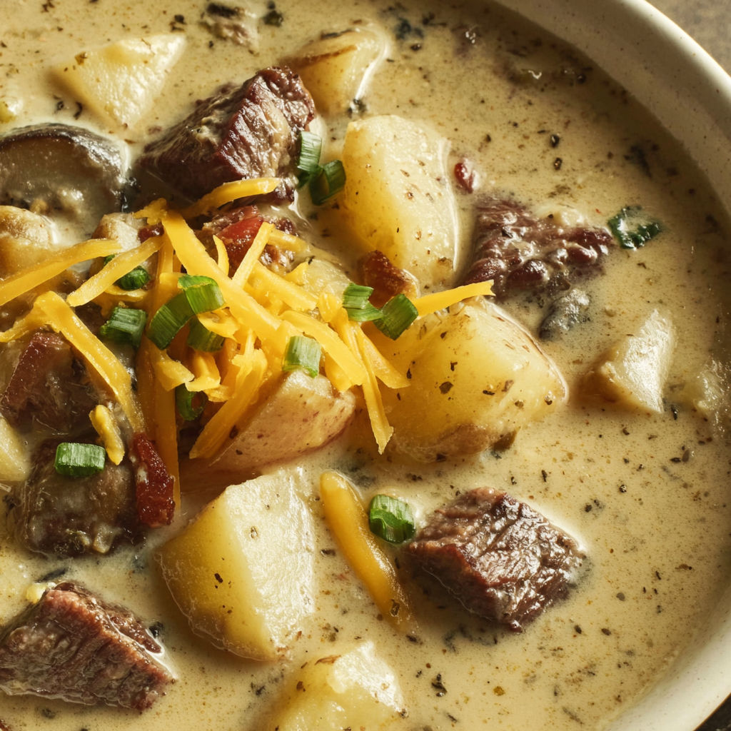 A bowl of steak and potato soup.