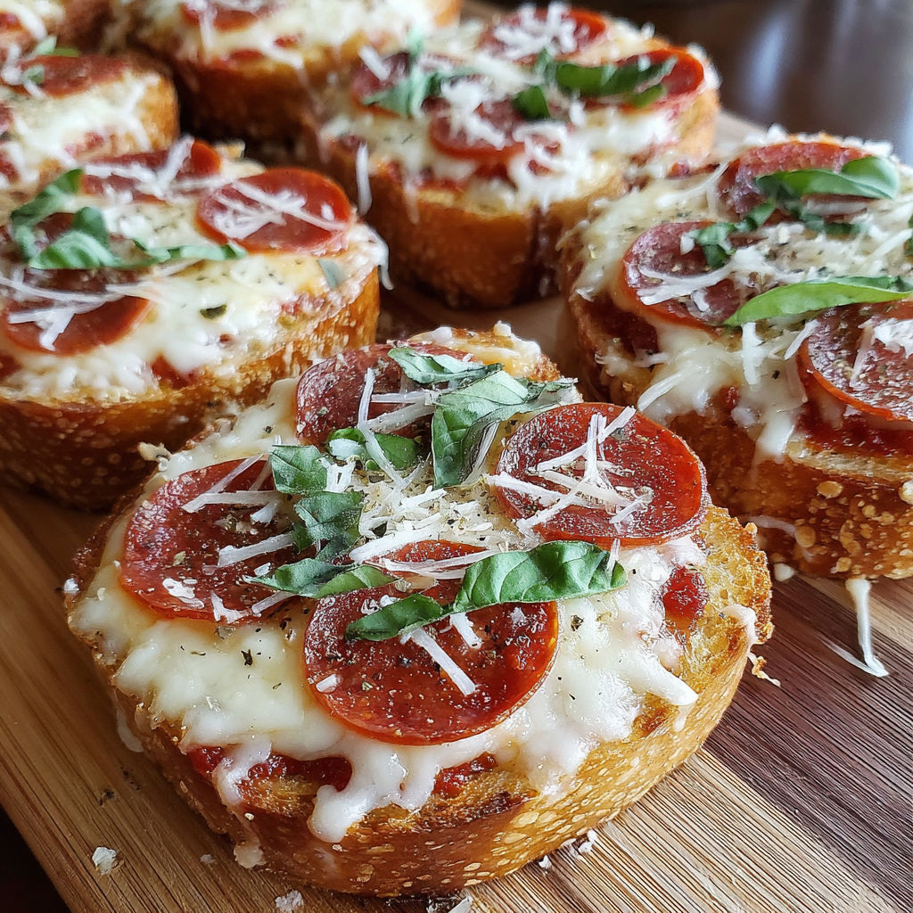 Mini garlic toast pizzas with cheese and pepperoni.