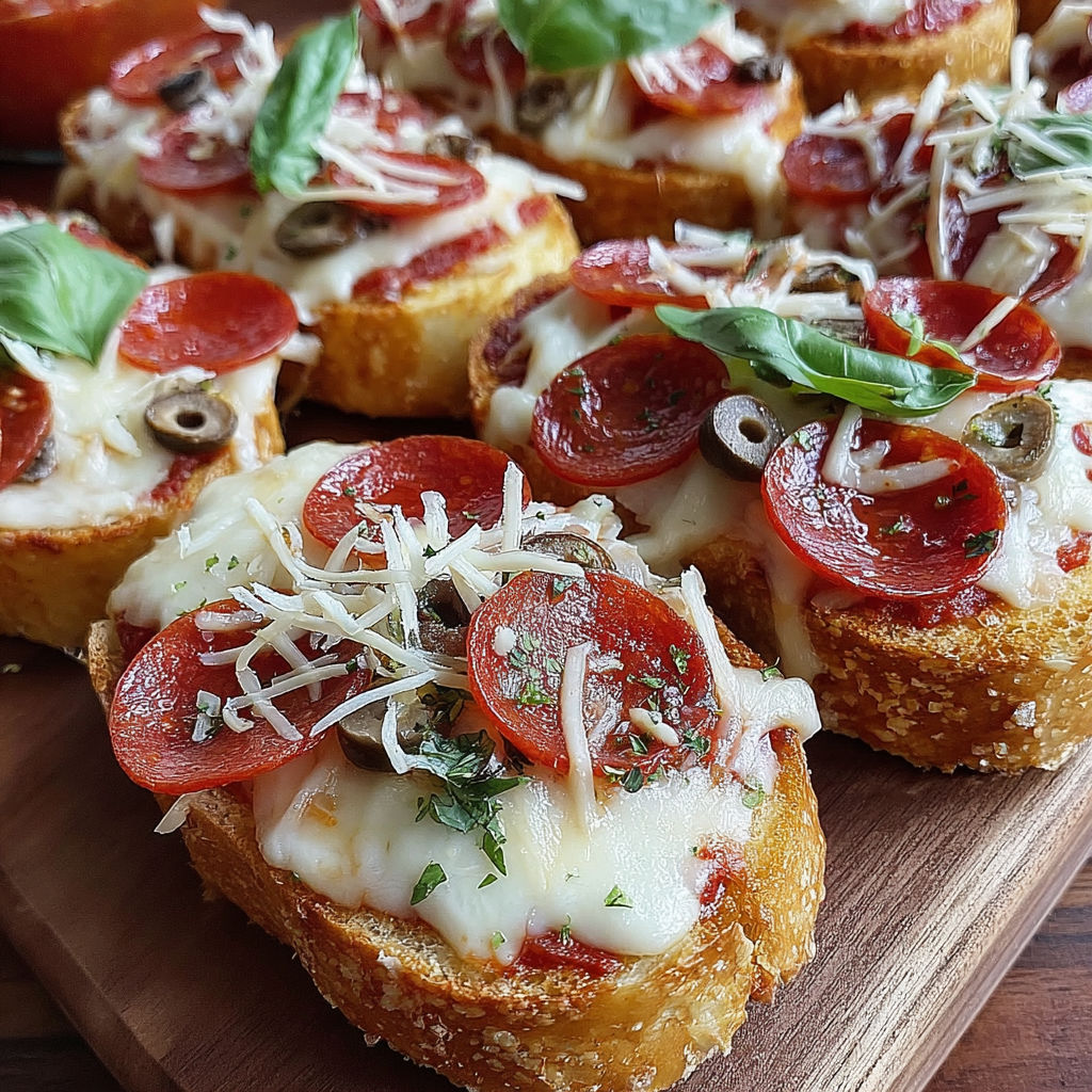Mini garlic toast pizzas with cheese and pepperoni.