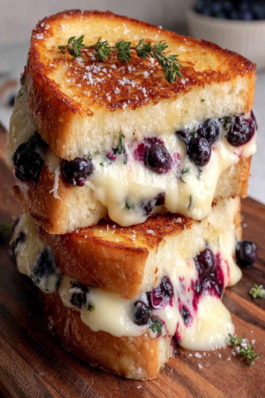 A stack of crispy blueberry grilled cheese sandwiches.