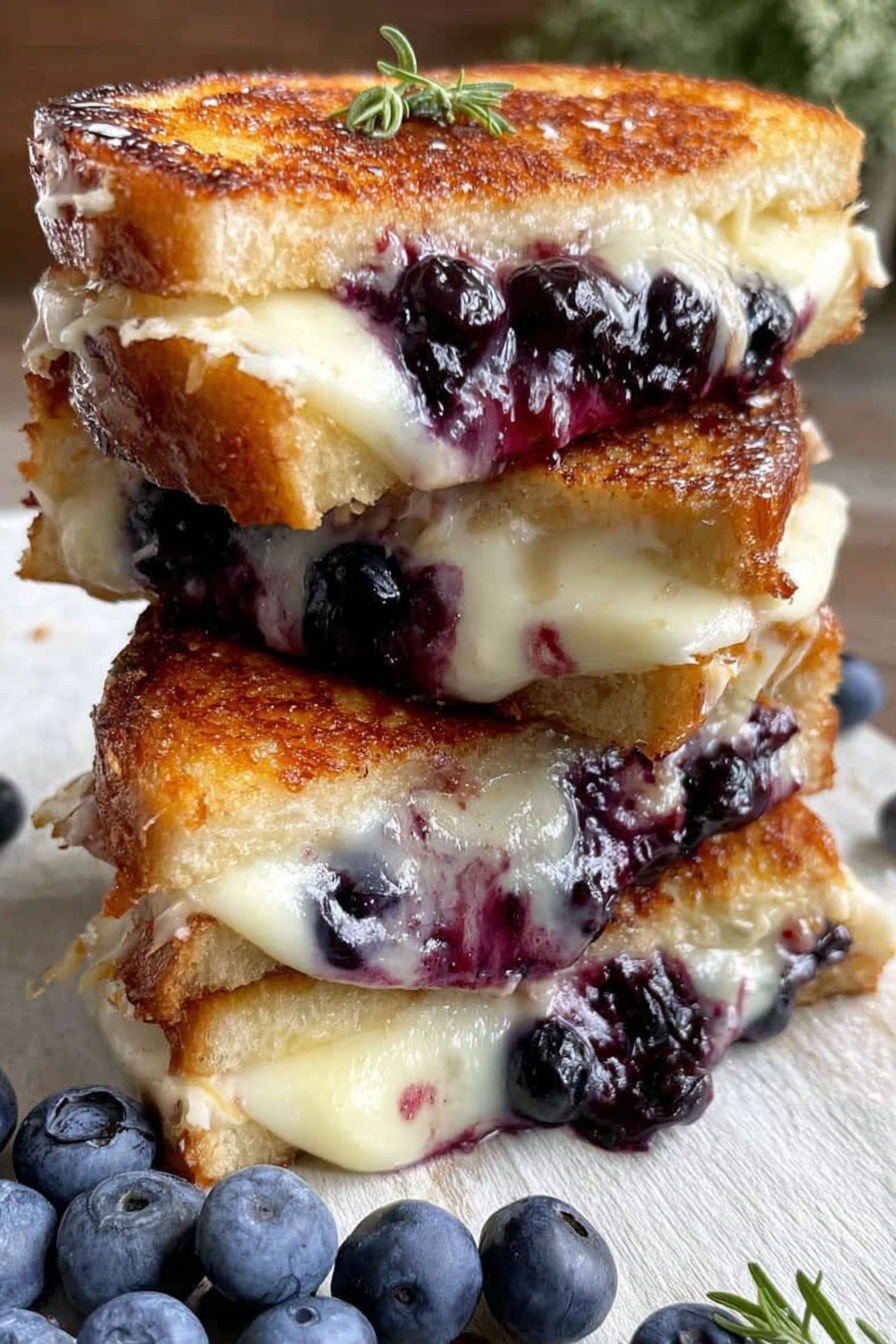 Three stacked grilled cheese sandwiches with blueberries.