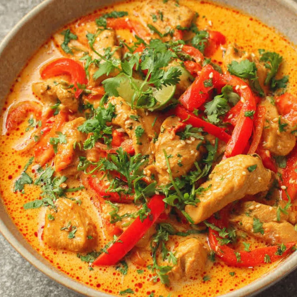 A bowl of chicken in a red sauce.