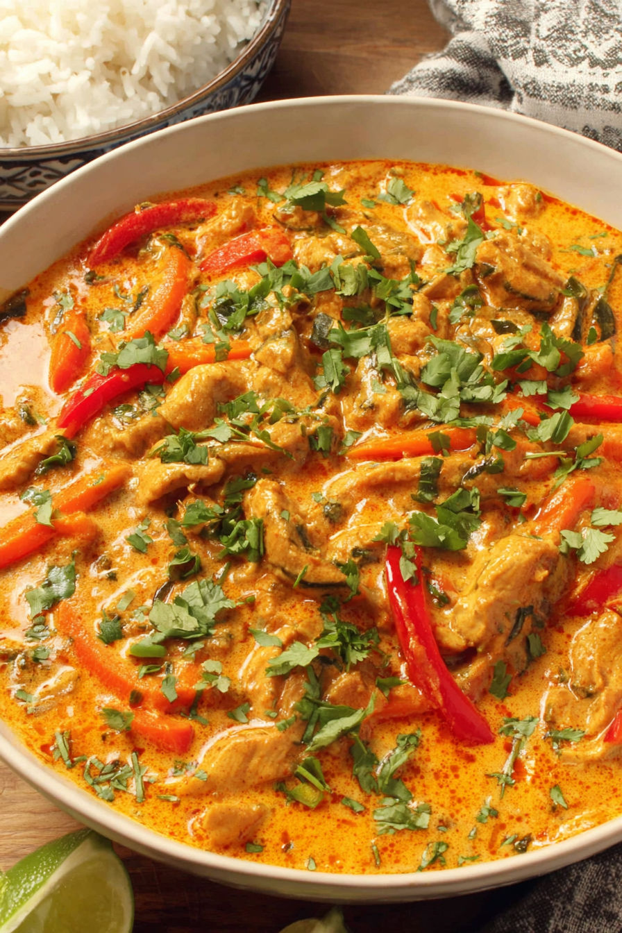 A bowl of chicken in a red curry sauce.