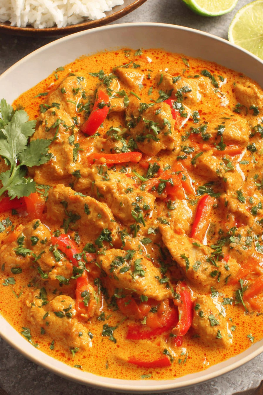 A bowl of chicken in a red sauce.