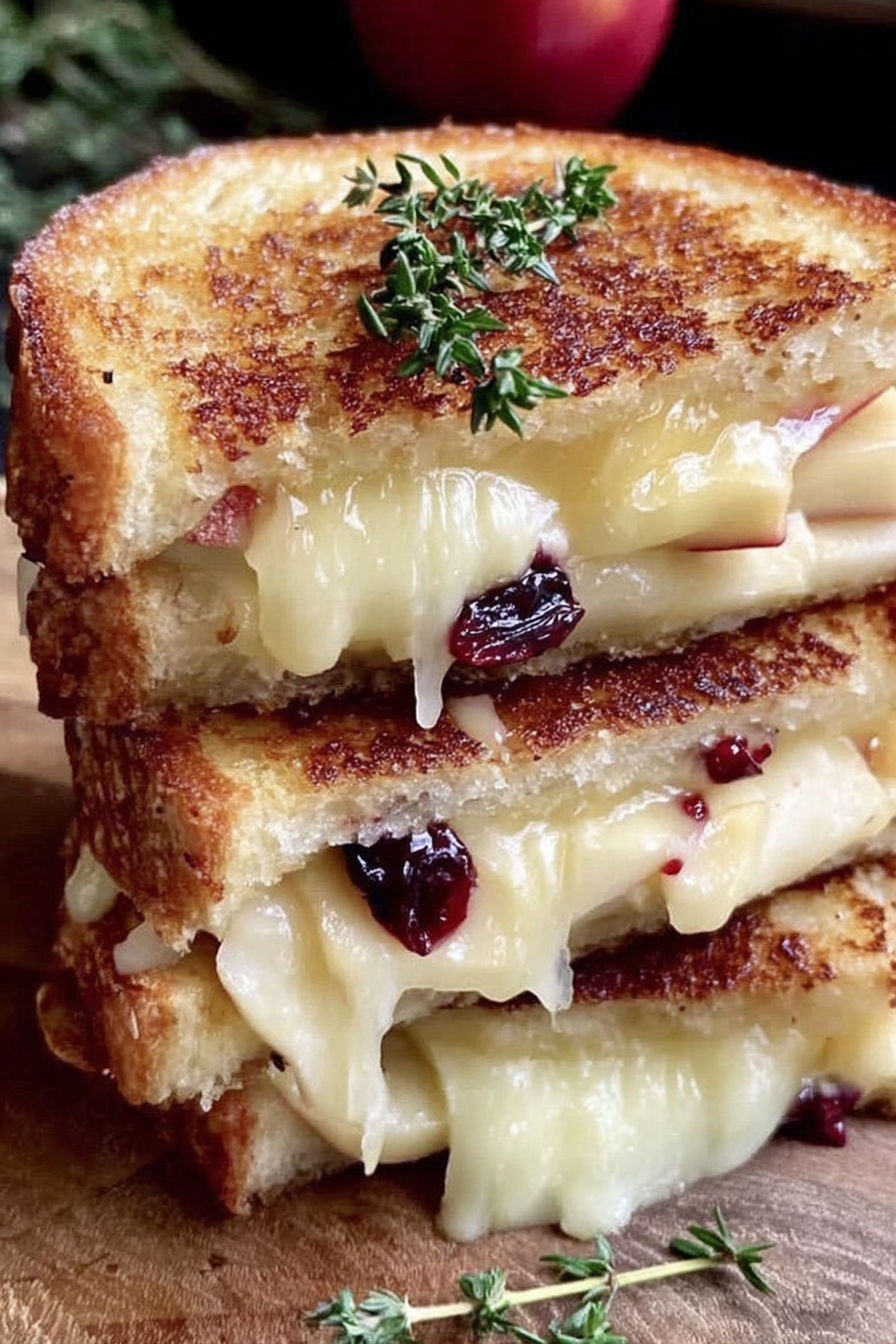 Three stacked grilled cheese sandwiches with cranberries and apples.