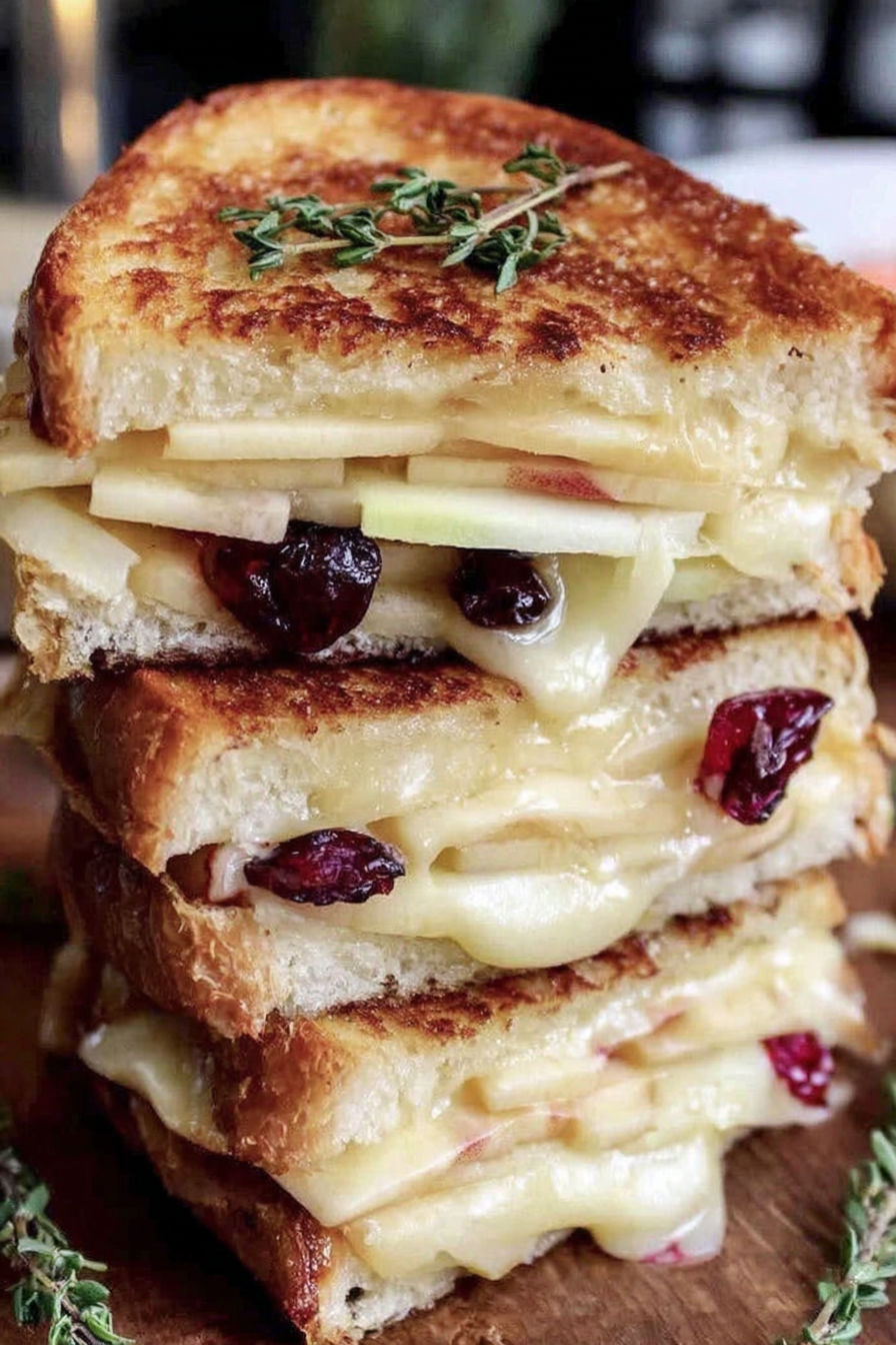 A stack of grilled cheese sandwiches with cranberries and apples.