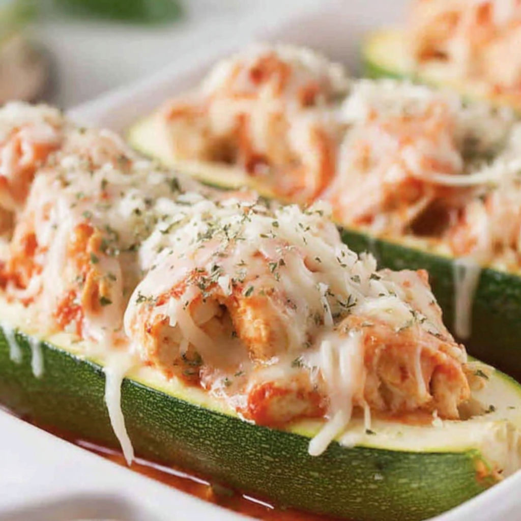 Stuffed zucchini boats with cheese and chicken.