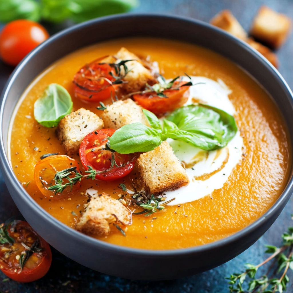 A bowl of soup with tomatoes and bread.