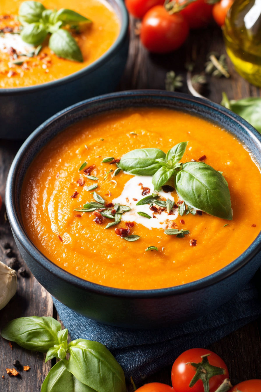 A bowl of soup with basil leaves on top.