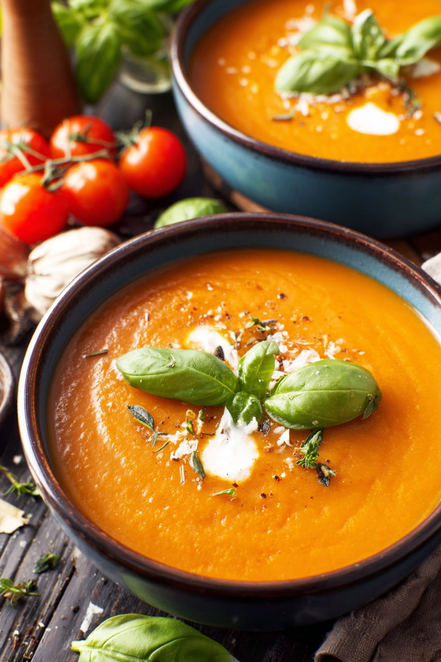 A bowl of soup with a spoon in it.