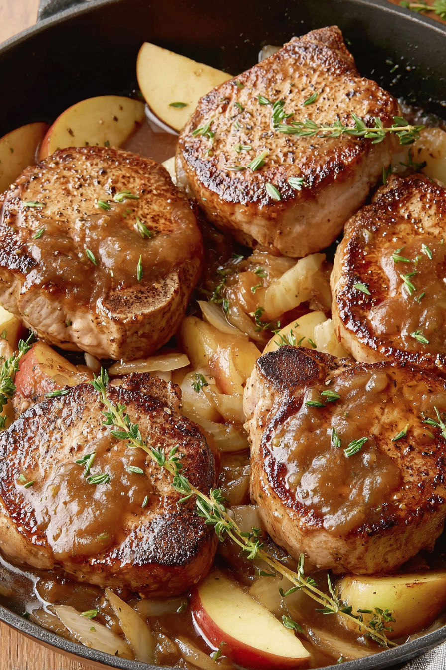 A close up of juicy apple butter pork chops.