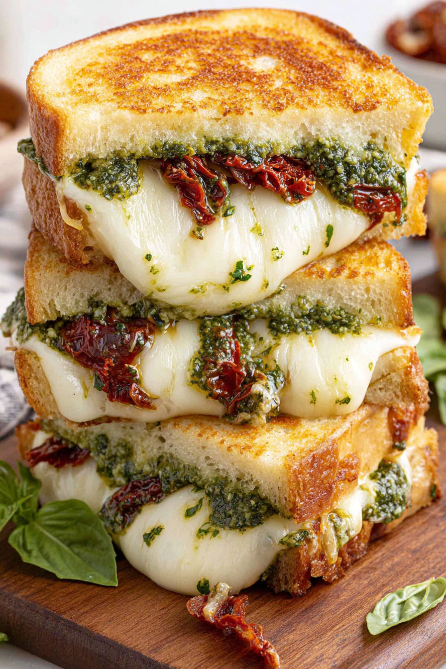 A stack of grilled cheese sandwiches with pesto.