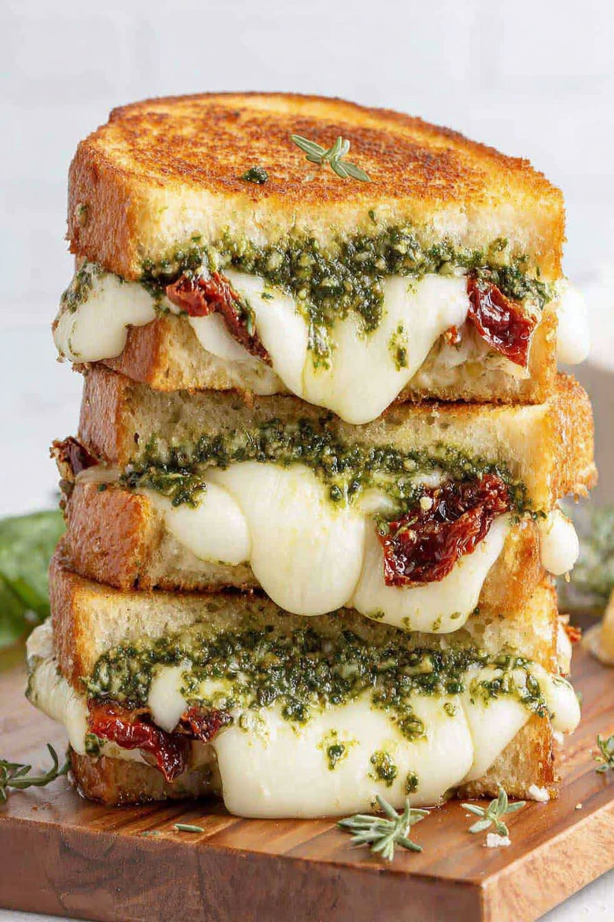 A stack of grilled cheese sandwiches with pesto.