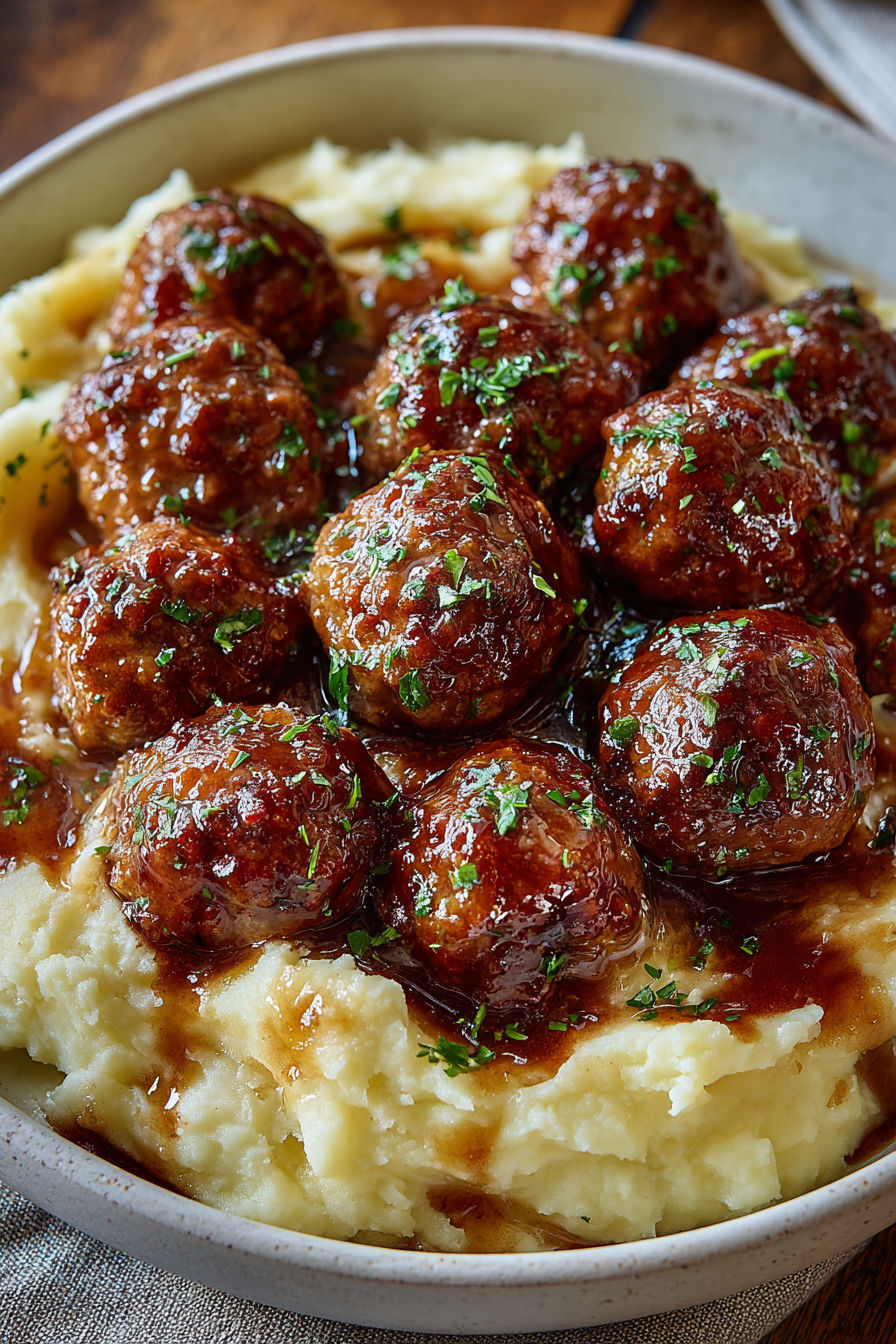 A plate of meatballs with garlic herb mashed potatoes.