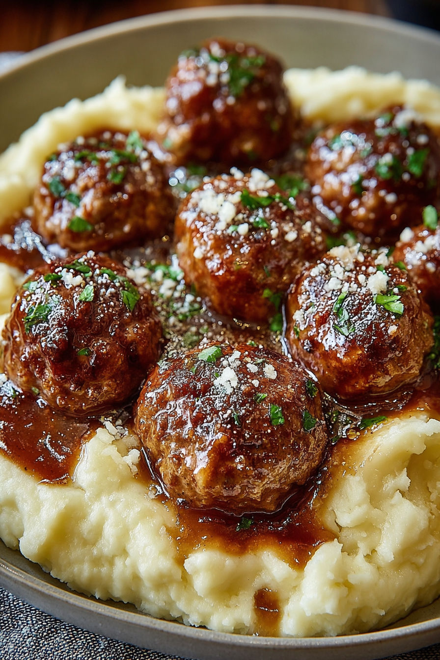 A plate of meatballs with garlic herb mashed potatoes.
