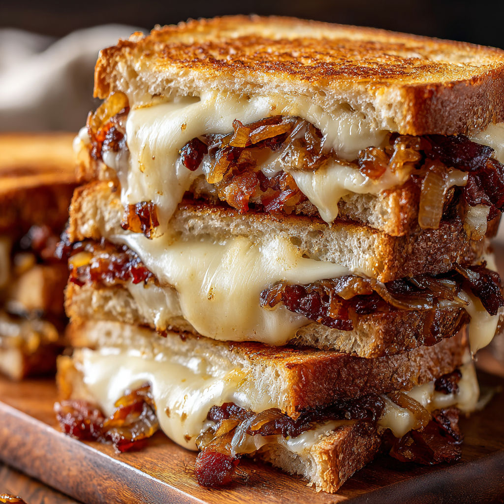 A stack of grilled cheese sandwiches with bacon and carmelized onions.