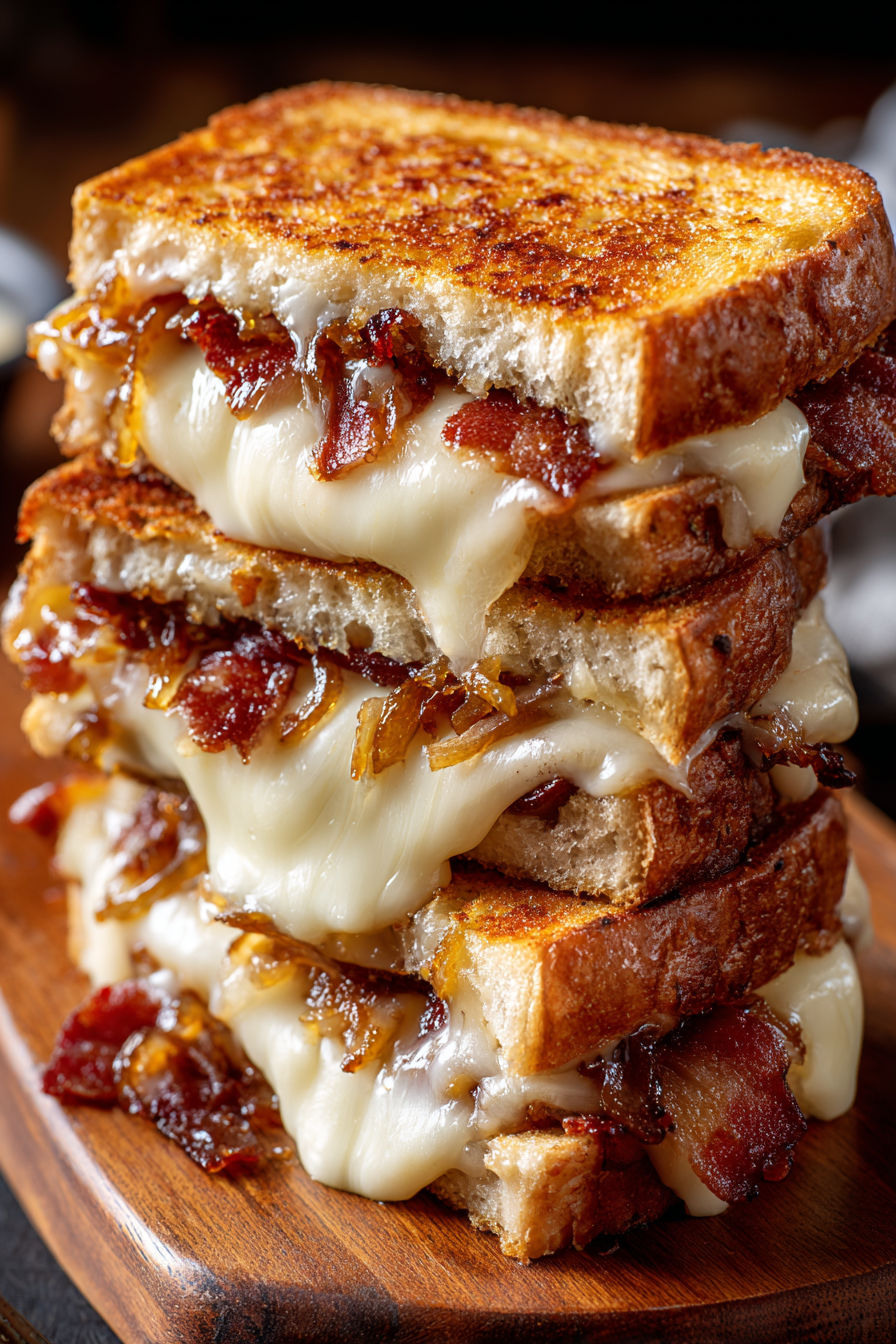 Bacon and carmelized onion grilled cheese sandwiches.