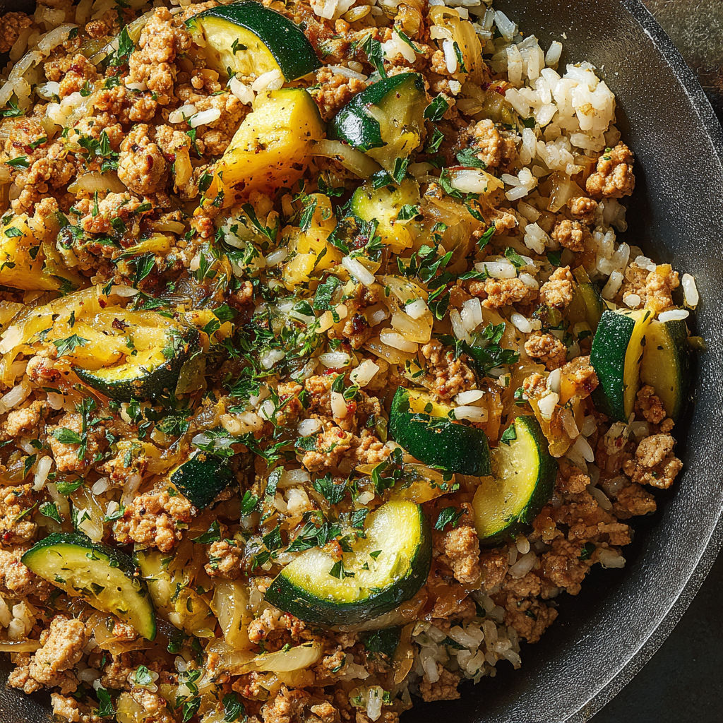 A skillet with ground chicken, zucchini, and rice.