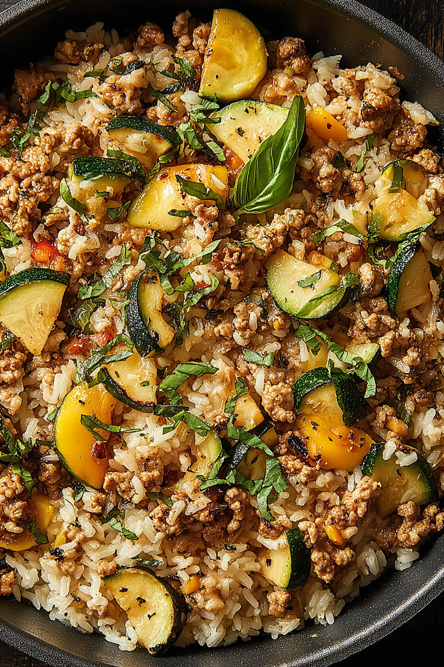A skillet of ground chicken, zucchini, and rice.