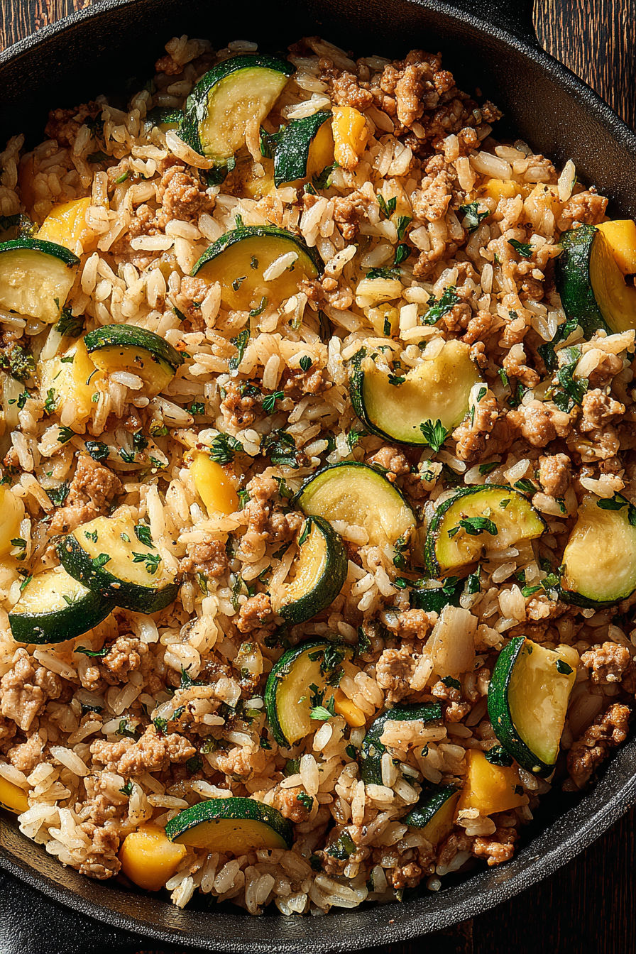 A skillet of ground chicken, zucchini, and rice.