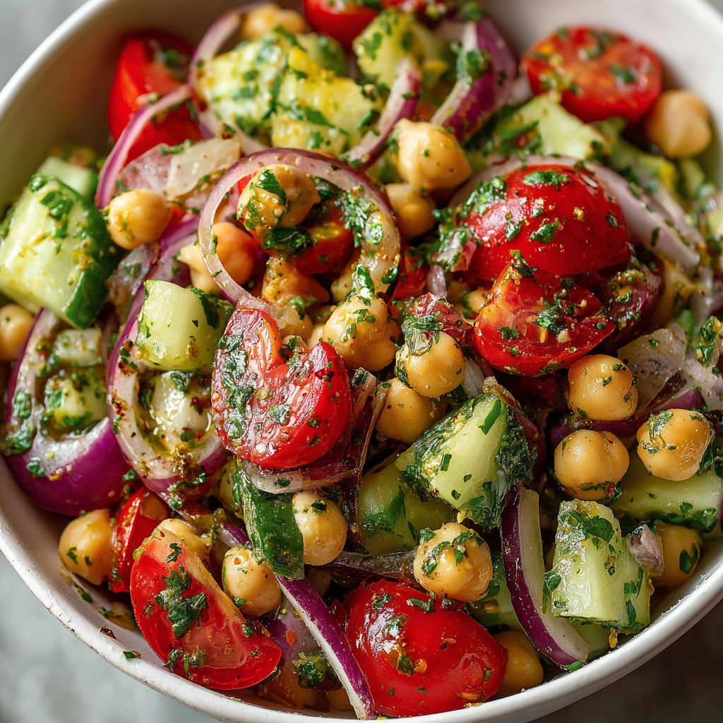 A bowl of chickpea, cucumber, and tomato salad with a lemon parsley vinaigrette.