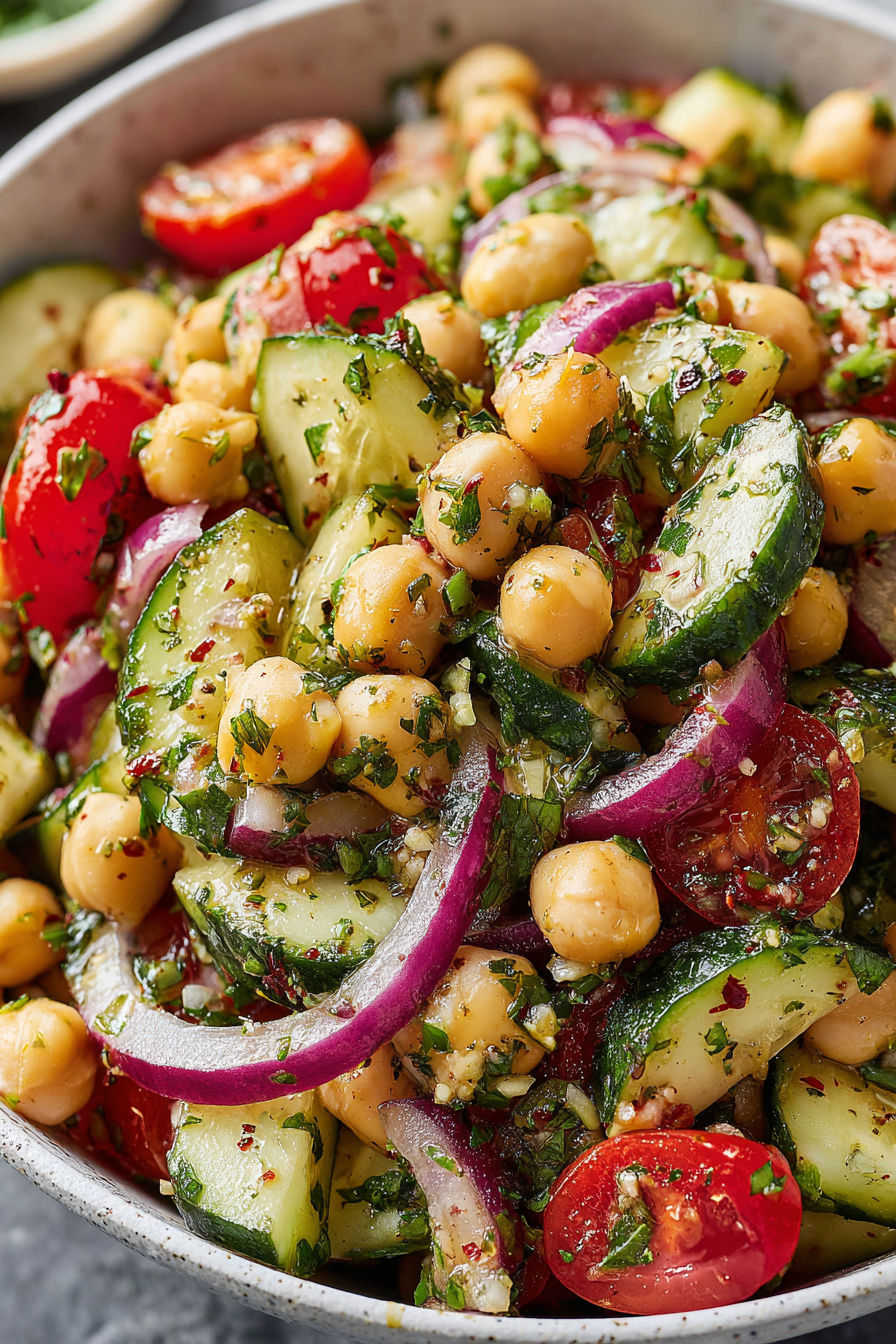 A salad made with chickpeas, cucumbers, tomatoes, and parsley.