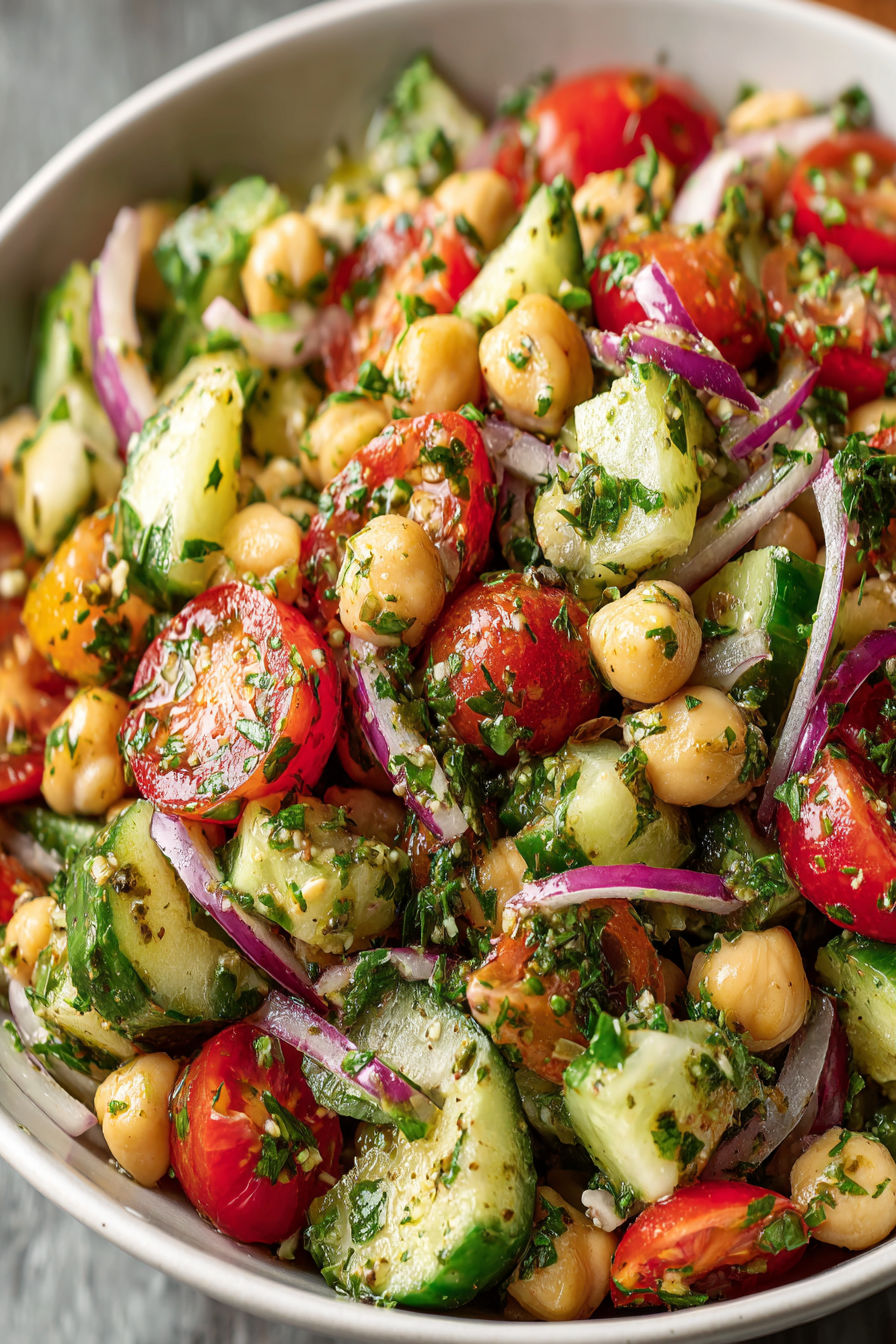A bowl of chickpea cucumber tomato salad with lemon parsley vinaigrette.
