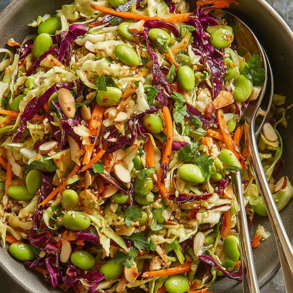 A bowl of crunchy cabbage and edamame salad with sesame ginger dressing.