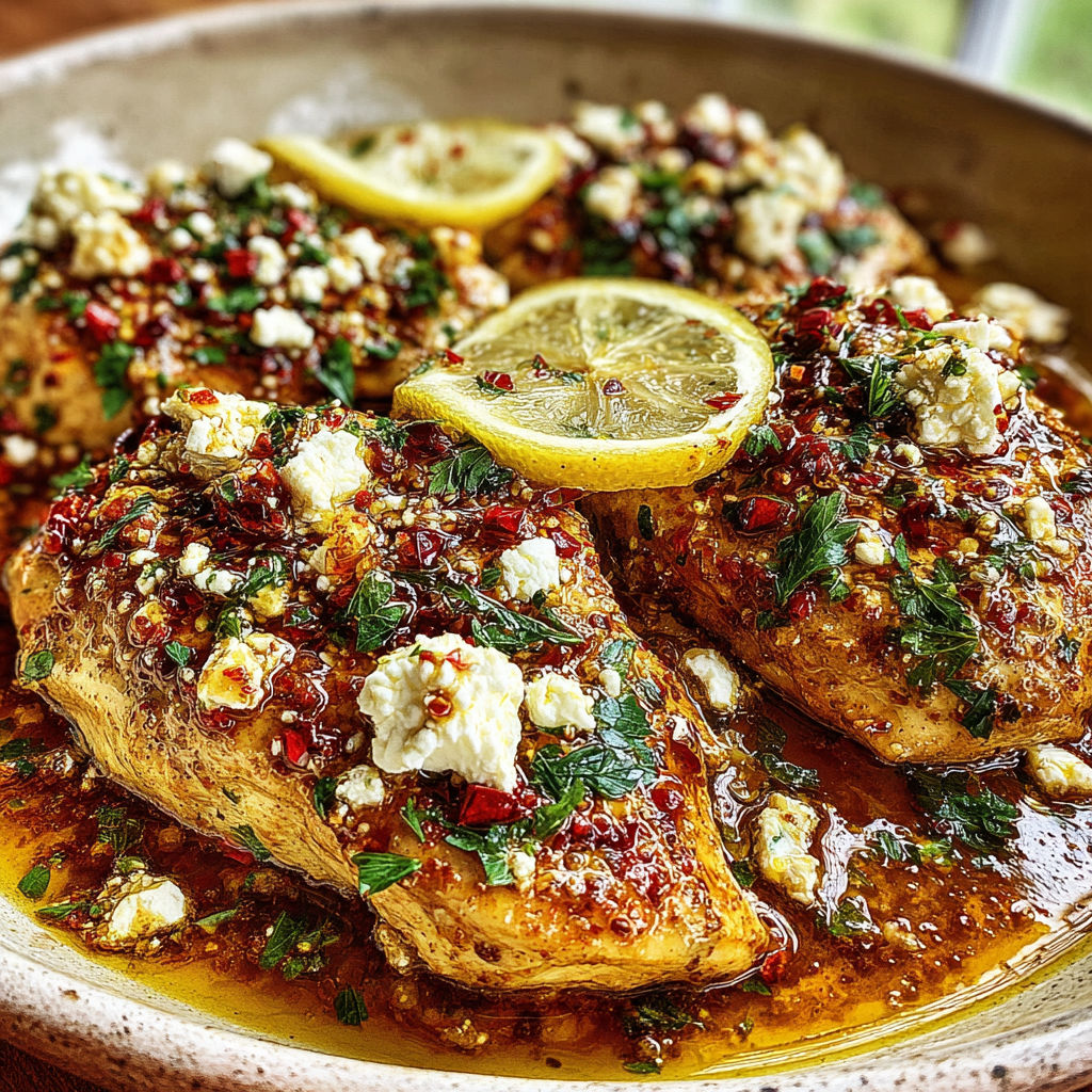 A bowl of chicken with feta cheese and lemon slices.