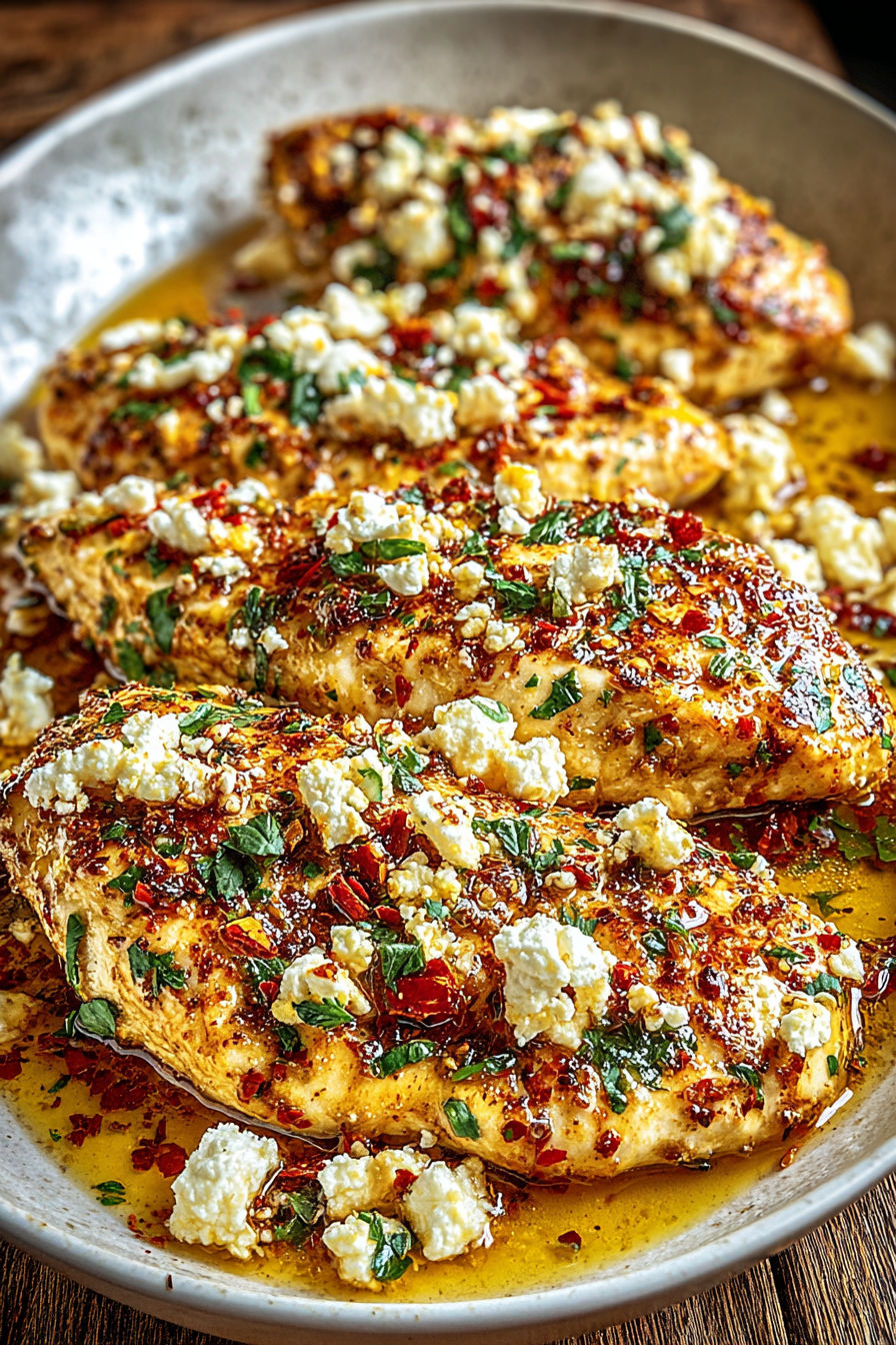 A plate of chicken with feta cheese and hot honey.