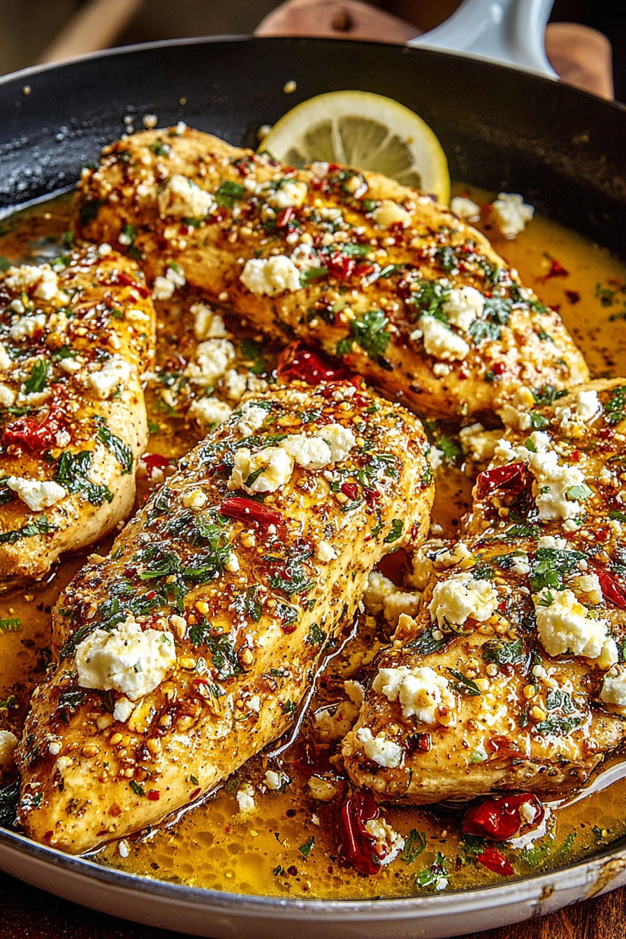 A close up of a piece of chicken with feta cheese and hot honey.