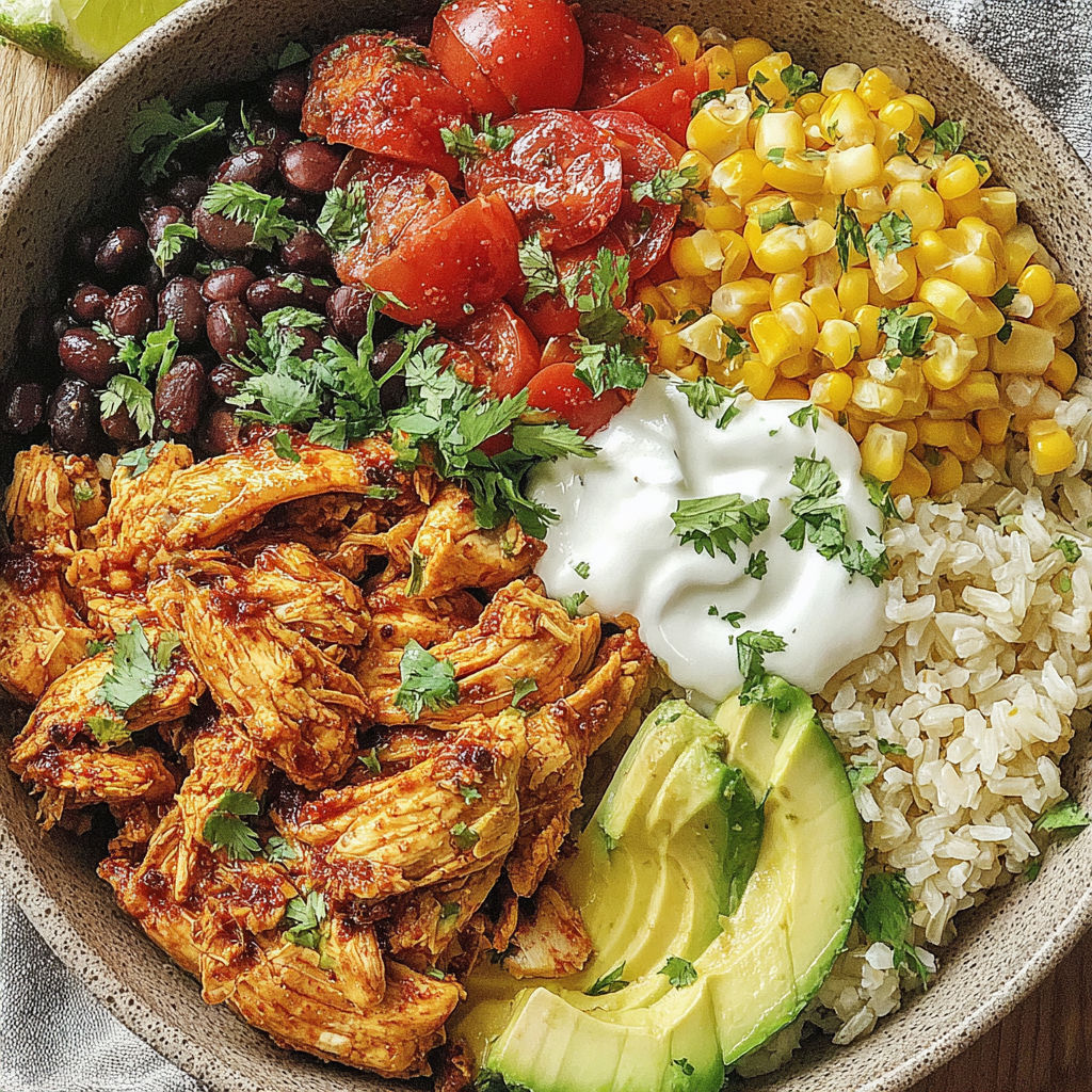 A bowl of food with chicken, rice, tomatoes, corn, avocado, and sour cream.